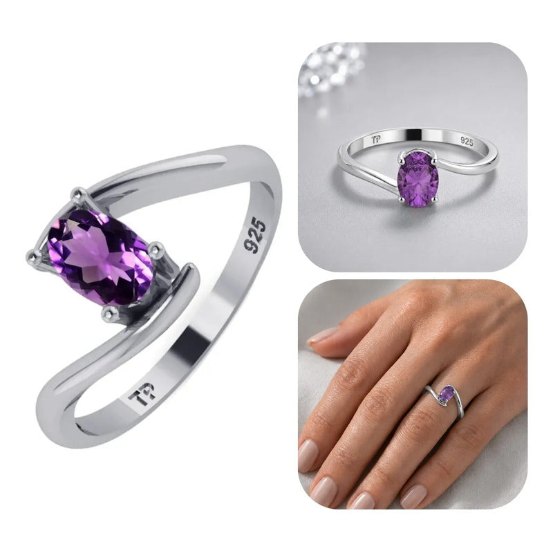 Anel De Prata 925 Solitário Miami Ametista - Feminino