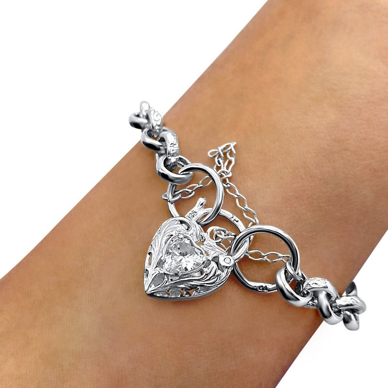 Pulseira Prata 925 Elo Português Zircônia - Fecho Coração