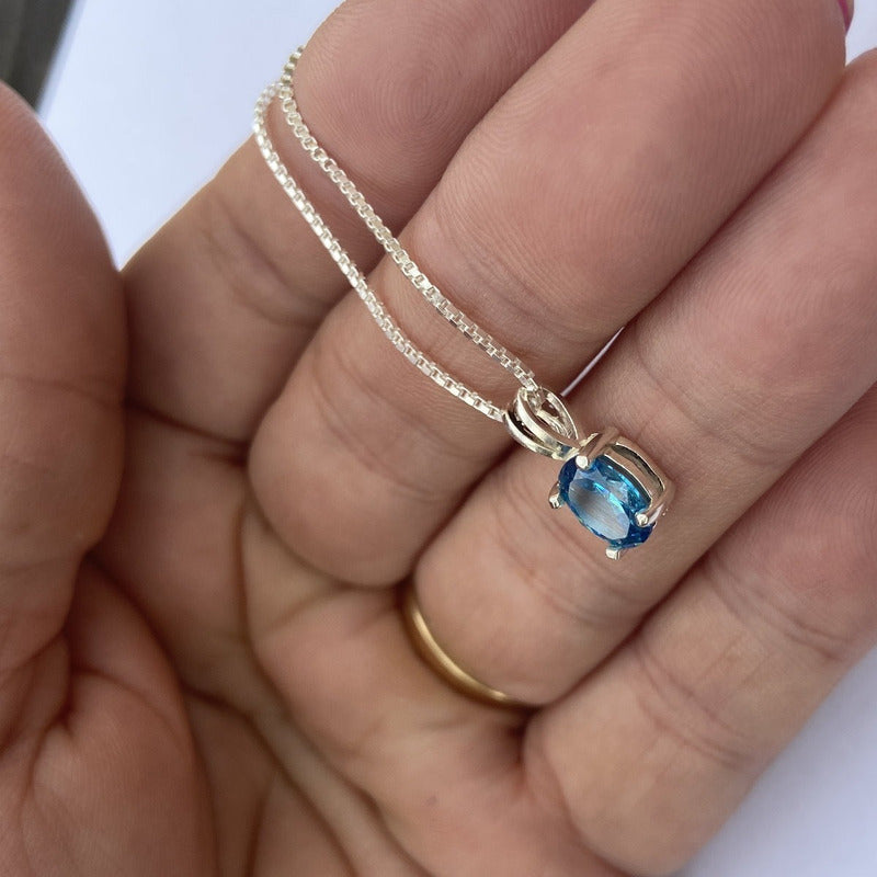 Colar Topázio Azul Prata 925 Oval 8x6mm- Corrente Veneziana