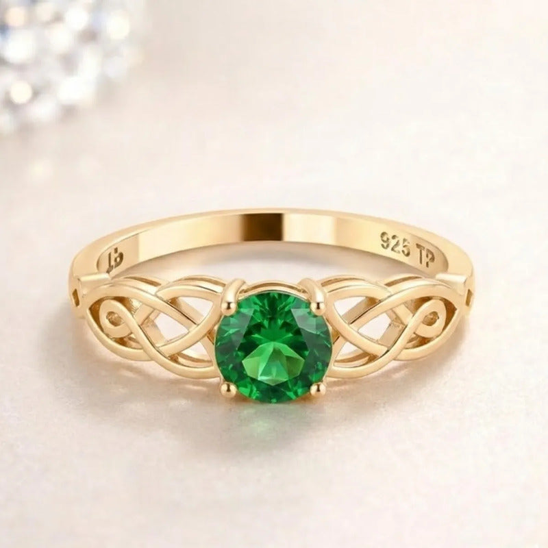 Anel Solitário Celta Knot Prata 925 Dourada 18k - Esmeralda