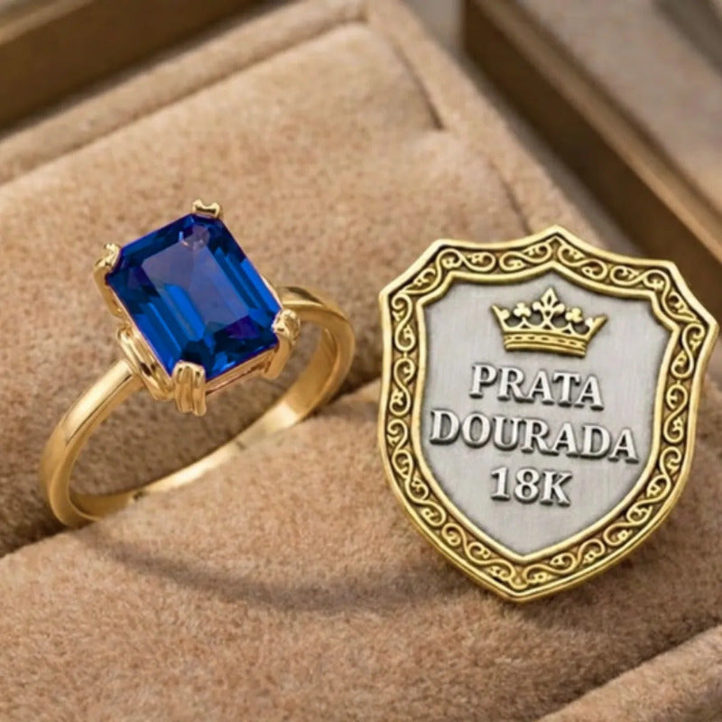 Anel Vintage Safira Prata 925 Dourada  Ouro 18k - Feminino
