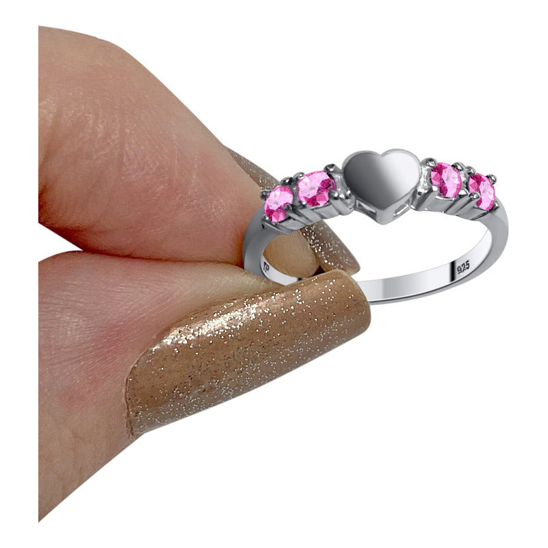 Solid Heart Ring In Pure 925 Silver - Pink Sapphire