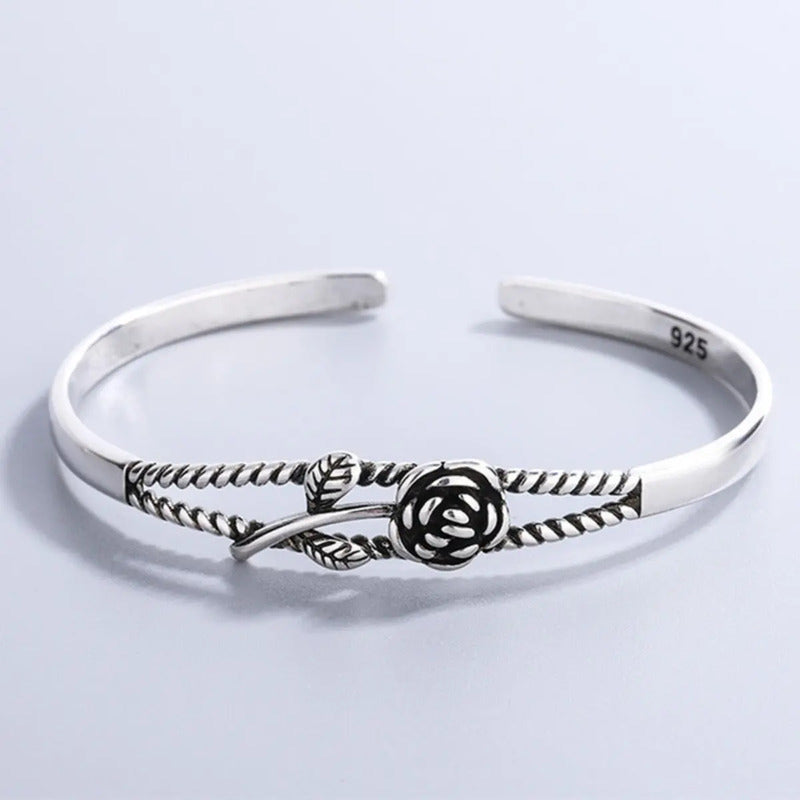 Pulseira Bracelete Floral Rígido Maciço Prata 925 - Feminino 6.5 Cm 22 Cm