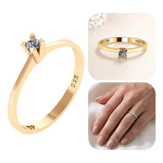 Anel Solitário Clássico Prata 925 Dourada 18k - Zircônia