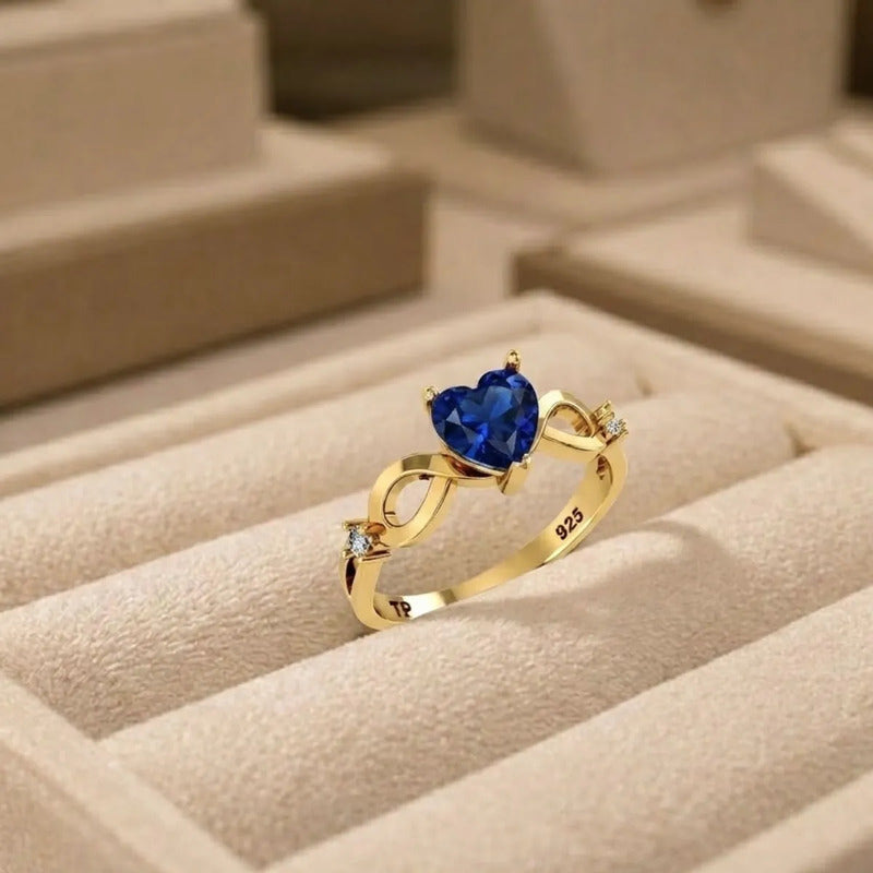 Anel Prata 925 Dourada 18k Infinito Amor Coração - Safira