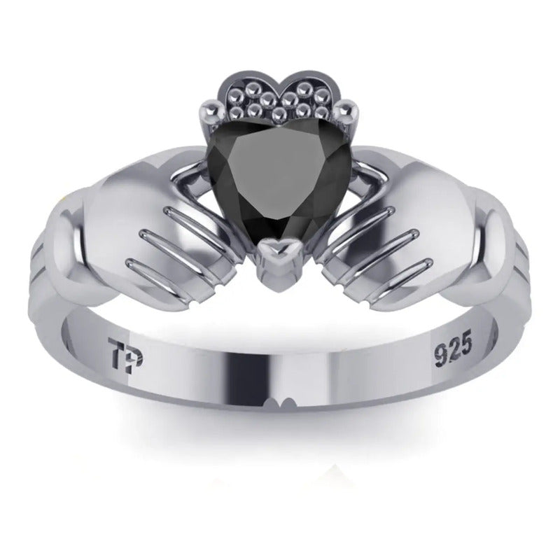 Anel De Prata 925 Claddagh Black Ônix - Unissex