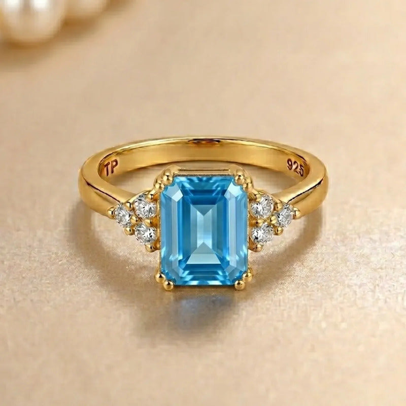 Anel Vintage Clássico Prata 925 Dourada 18k Topázio Azul