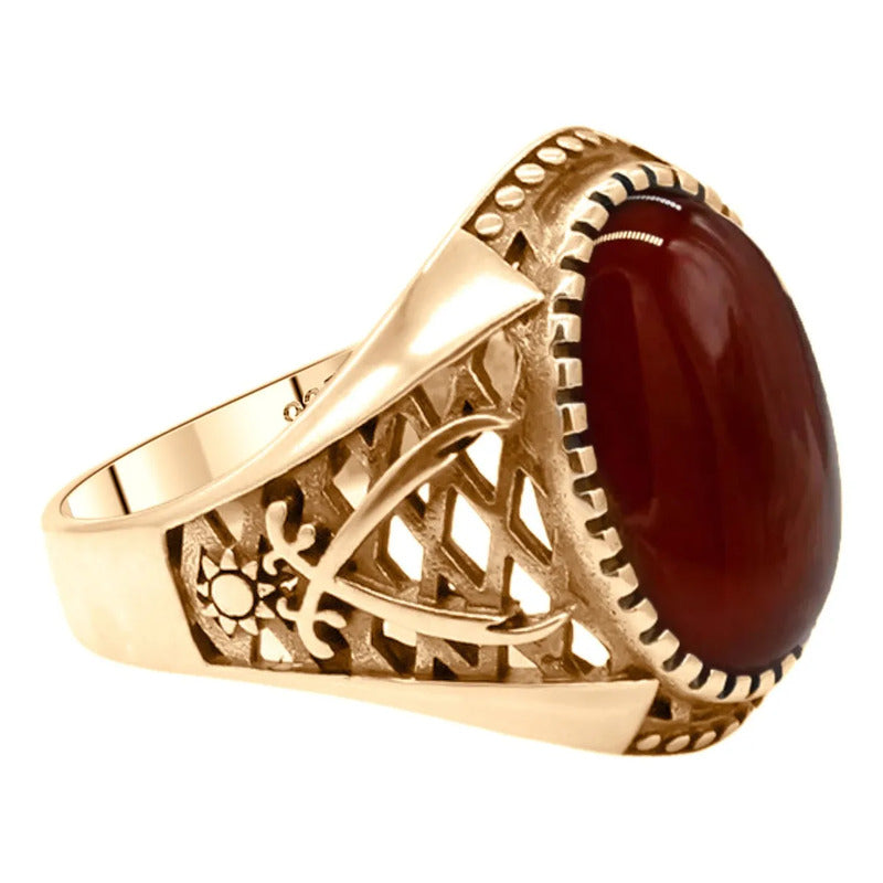 Anel Masculino Oval Prata 925 Dourada Ouro 18k Ágata 15