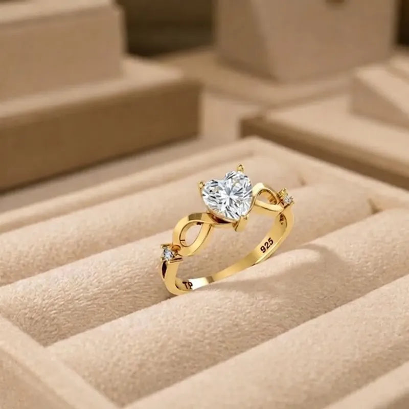 Anel Prata 925 Dourada 18k Infinito Amor Coração - Zircônia