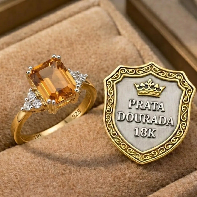 Anel Vintage Clássico Prata 925 Dourada Ouro 18k Citrino