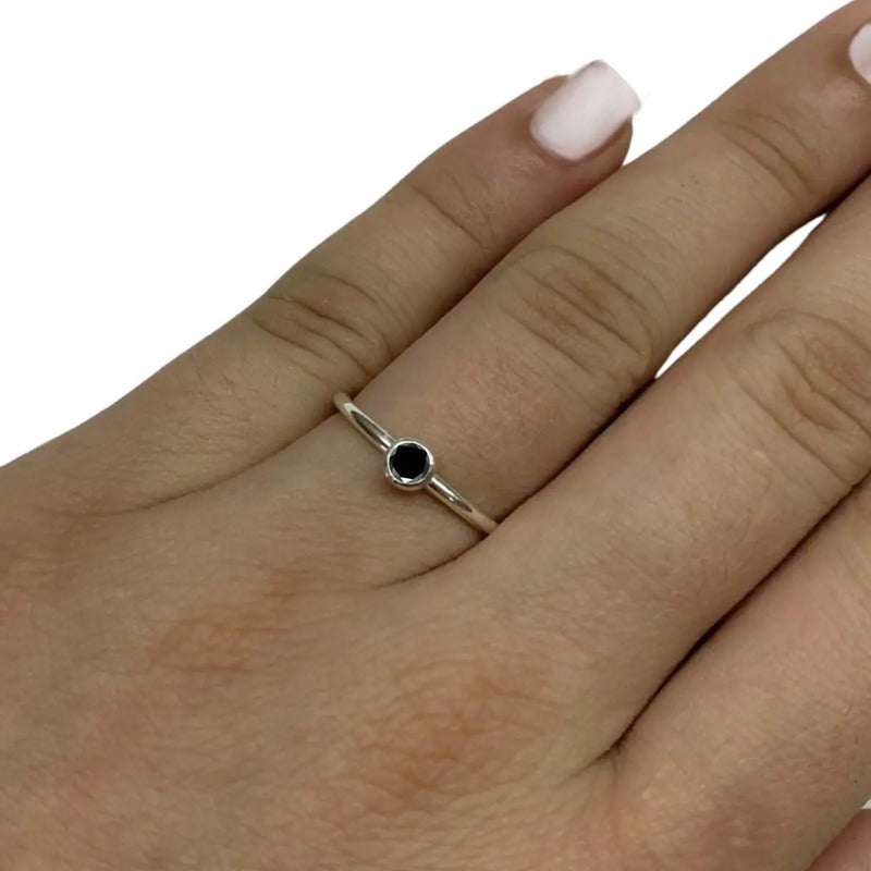 Anel Prata 925 Solitário Black Onix Redonda - Exclusivo Tamanho 26 Prateado