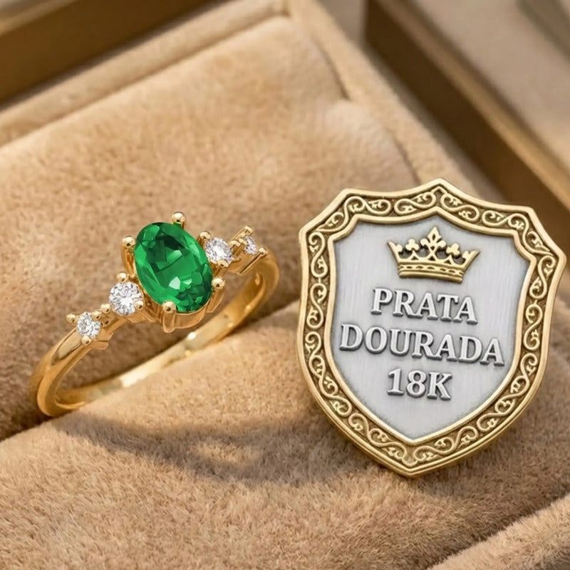 Anel London De Prata 925 Dourada  Ouro 18k - Esmeralda