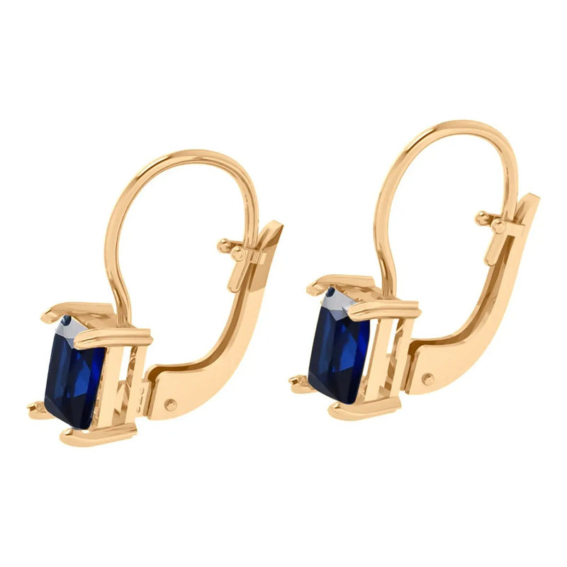 Brinco Trava Retangular Prata 925 Dourada Ouro 18k- Safira Azul