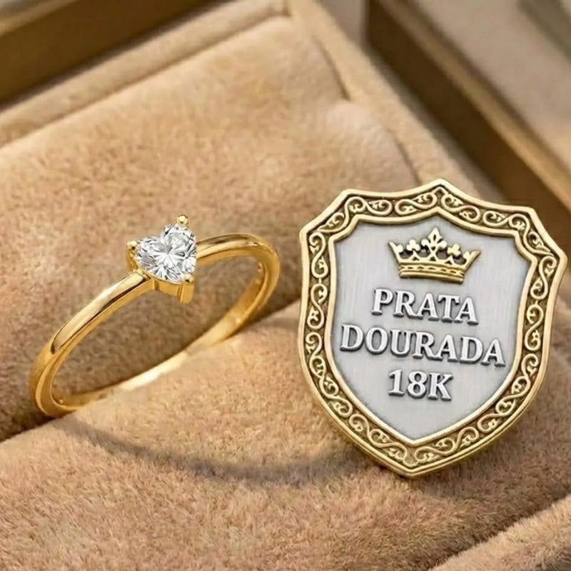 Anel Solitário Zircônia Coração Prata 925 Dourada  Ouro 18k