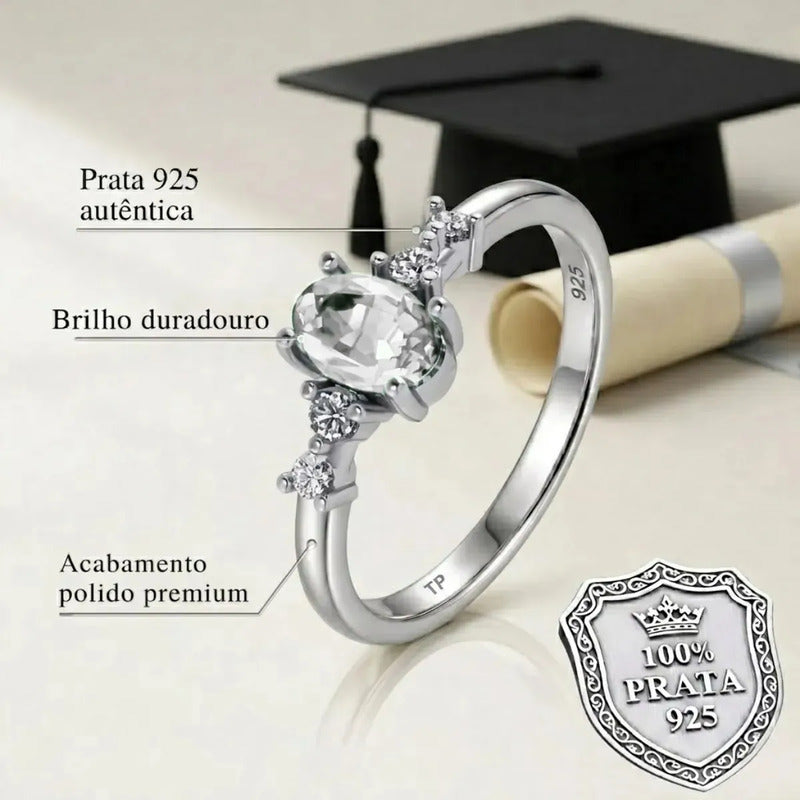 Anel Formatura Feminino Prata 925 + Caixinha Capelo Zircônia 17