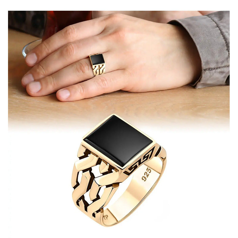 Anel Masculino Tudo Prata 925 Banhado Ouro 18k Ônix Negro Tamanho 21 Negro Dorado
