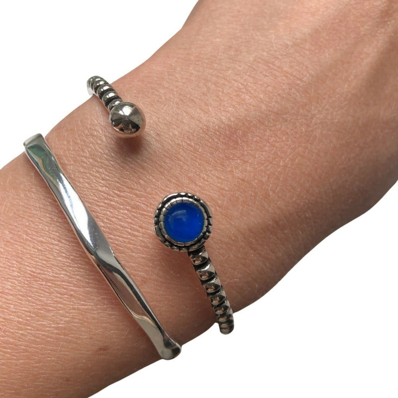 Pulseira Bracelete Safira Rígido Prata 925 - Unissex