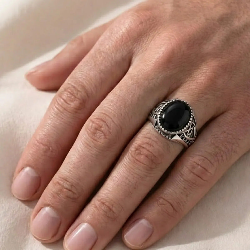 Anel Masculino De Prata 925 Oval Black Onix - Exclusivo