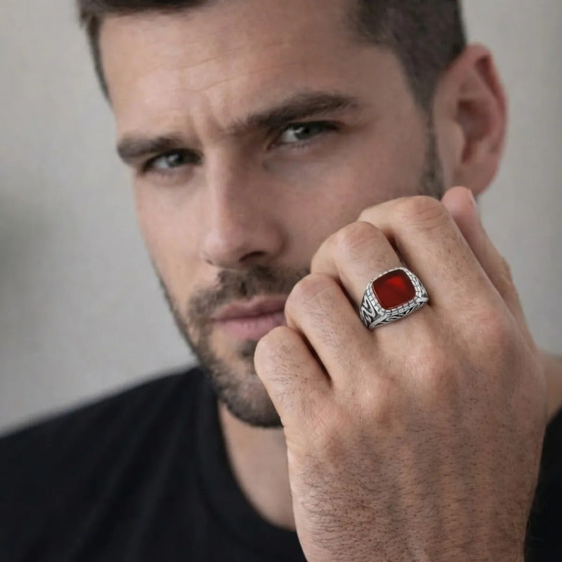 Anel Masculino Esculpido Prata 925 Ágata Vermelha