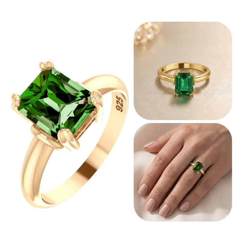 Anel Vintage Esmeralda Prata 925 Dourada  Ouro 18k- Feminino
