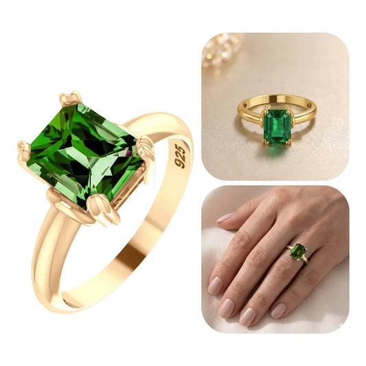 Anel Vintage Esmeralda Prata 925 Dourada  Ouro 18k- Feminino