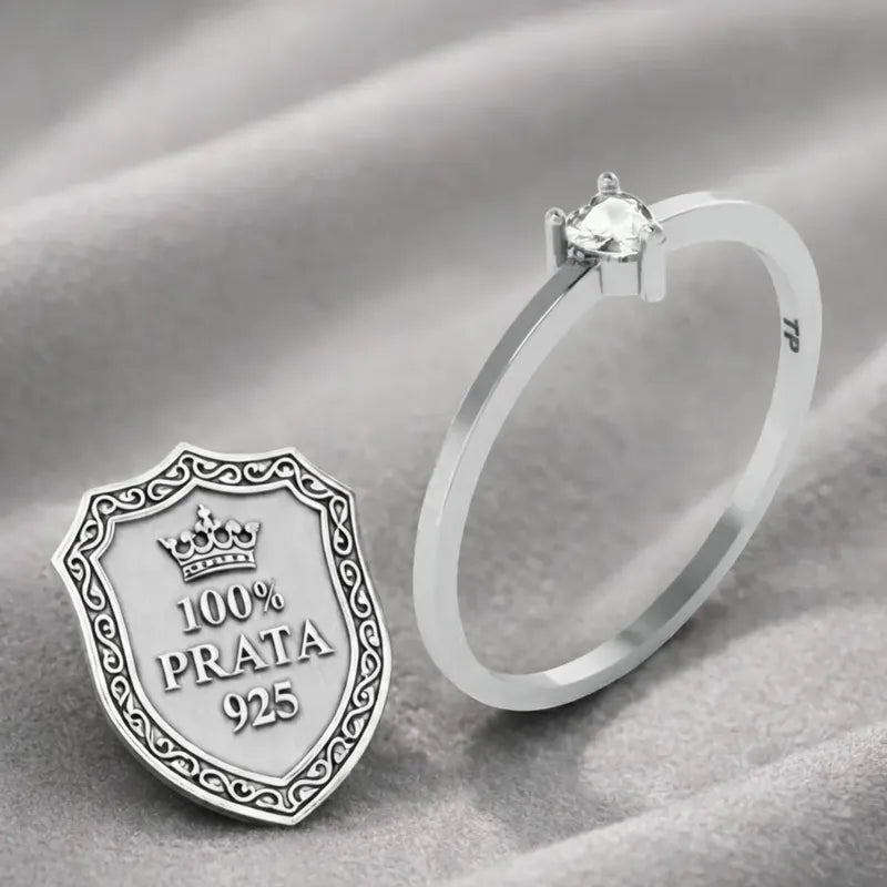 Anel Solitário Zirconia Coração Pura Prata 925 - Exclusivo