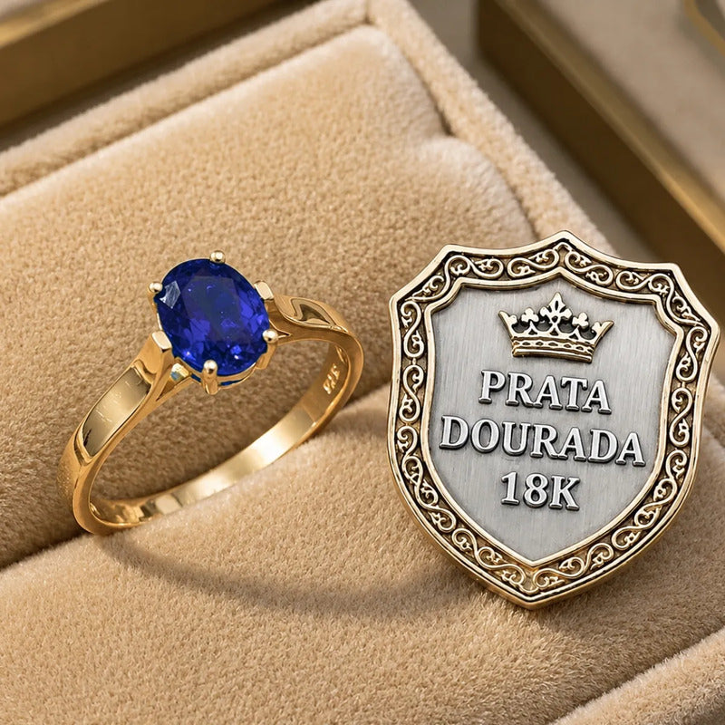 Anel Solitário Oval Em Prata 925 Dourada 18k - Safira