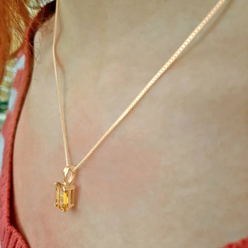 Pingente Retangular Prata 925 Dourada18k - Citrino Amarelo