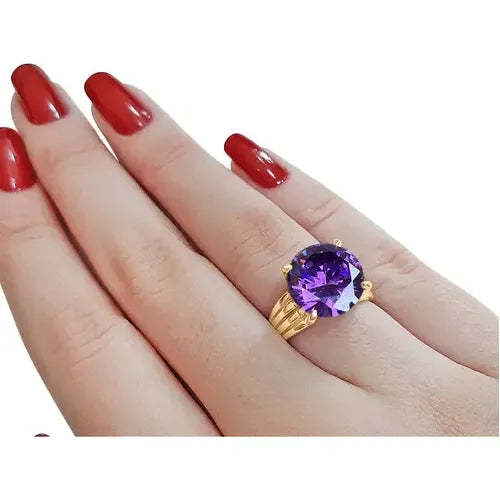 Anel Solitário Prata 925 Dourada 18k- Ametista Grande