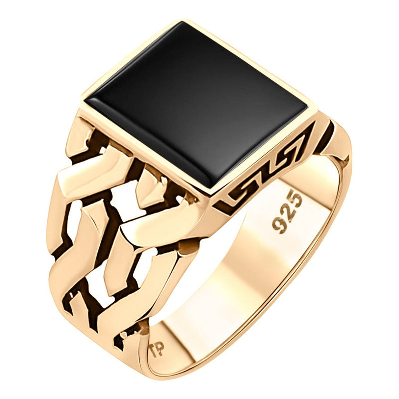 Anel Masculino Elos Prata 925 Dourada Ouro 18k- Black Onix Tamanho 22