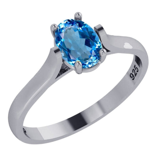 Anel Solitário Prata 925 Topázio Azul Oval - Exclusivo
