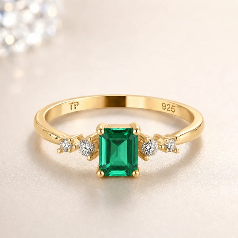 Anel Viena Retangular Prata 925 Dourada 18k - Esmeralda