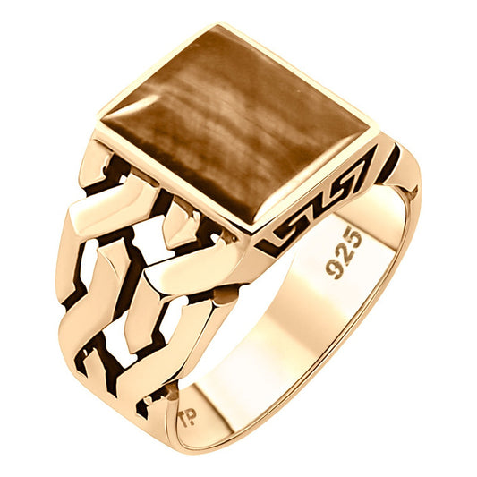 Anel Masculino Elos Prata 925 Dourada Ouro 18k Olho De Tigre