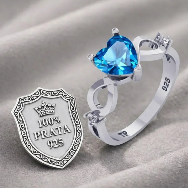 Anel Prata 925 Infinito Amor Coração - Topázio Azul