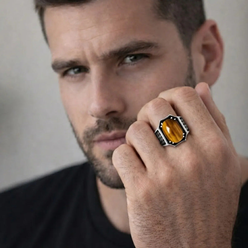 Anel Prata 925 Olho De Tigre Natural Cabochão Exclusivo