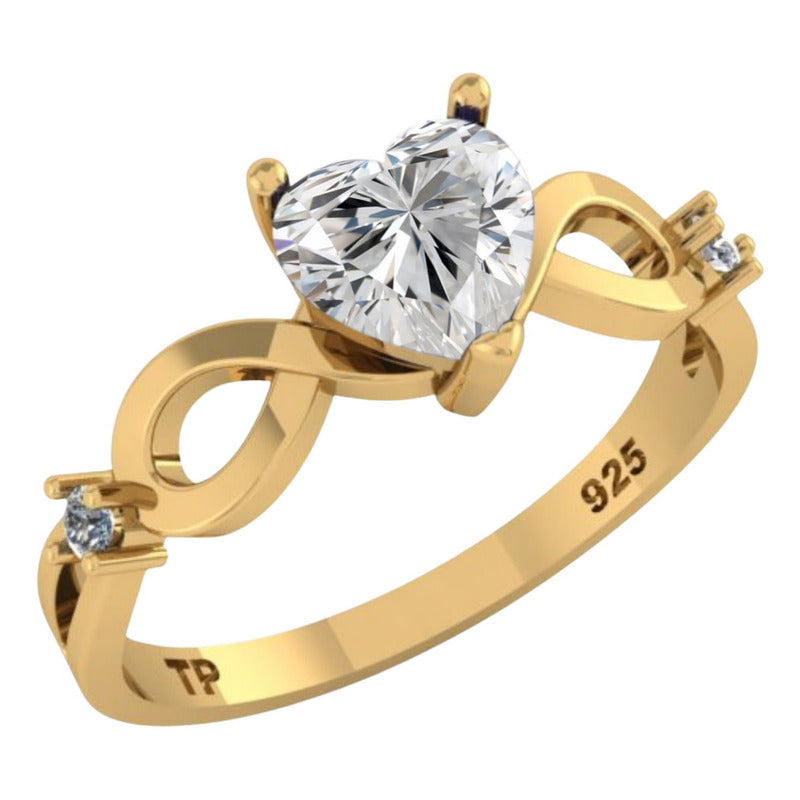 Anel Prata 925 Dourada 18k Infinito Amor Coração - Zircônia