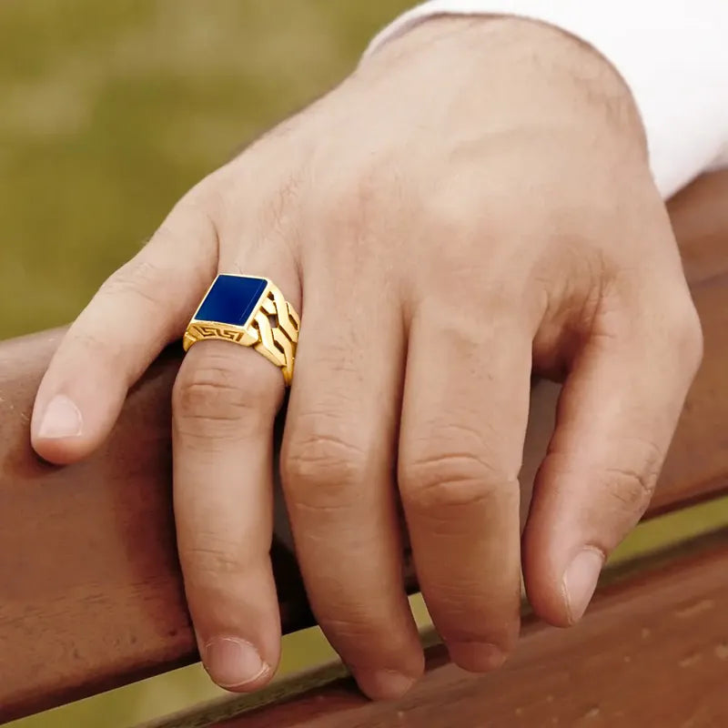 Anel Masculino Elos Prata 925 Dourada 18k - Ágata Azul