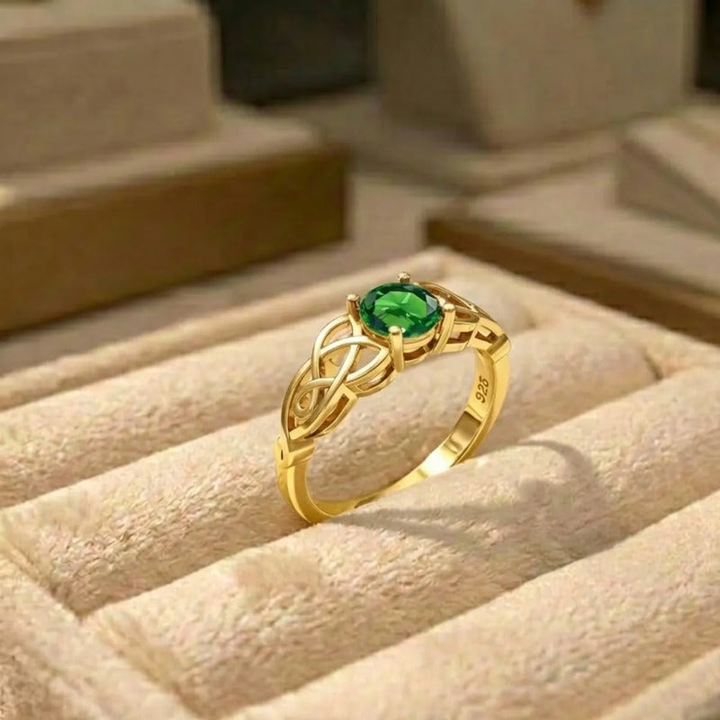 Anel Solitário Celta Knot Prata 925 Dourada 18k - Esmeralda