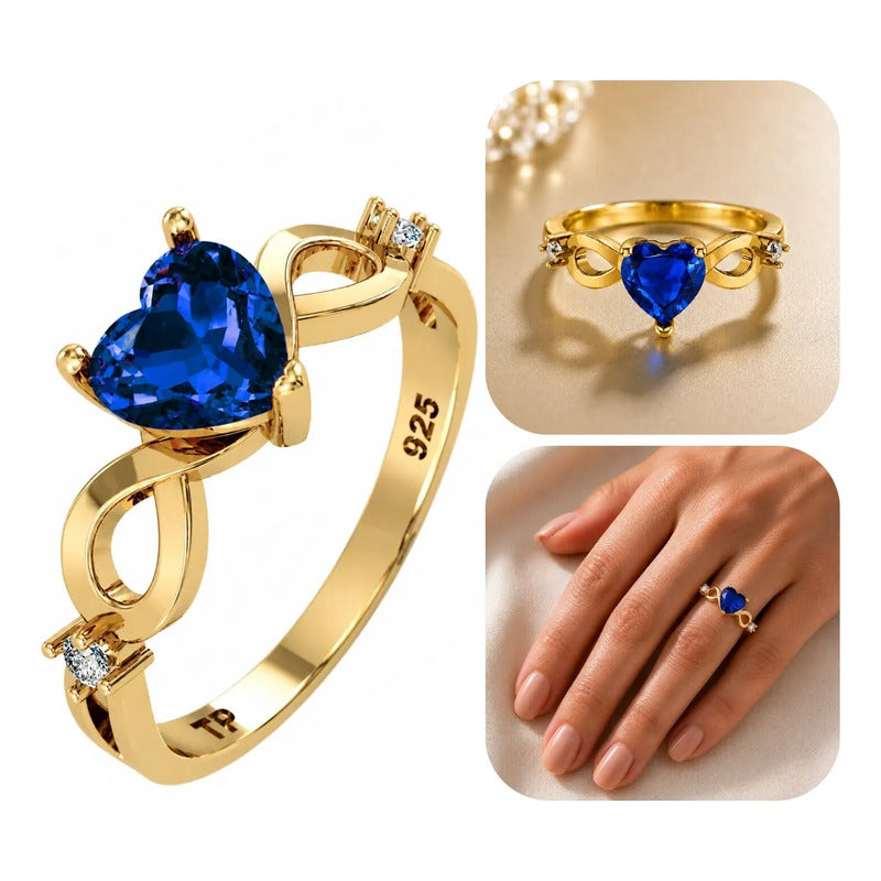 Anel Prata 925 Dourada 18k Infinito Amor Coração - Safira