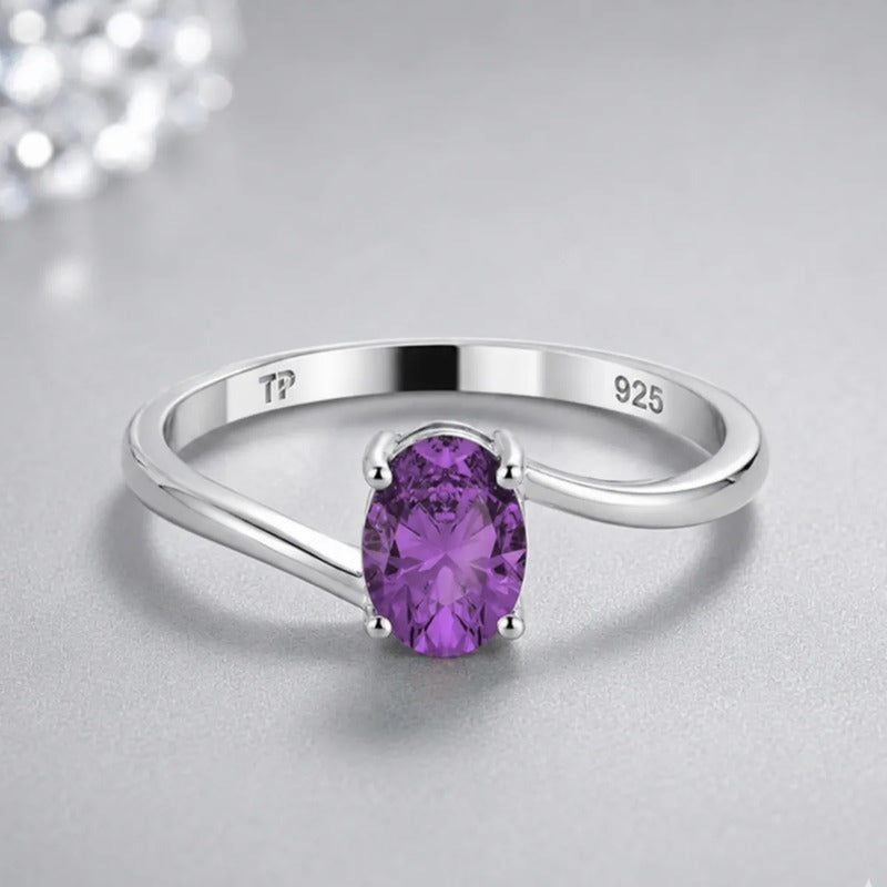 Anel De Prata 925 Solitário Miami Ametista - Feminino