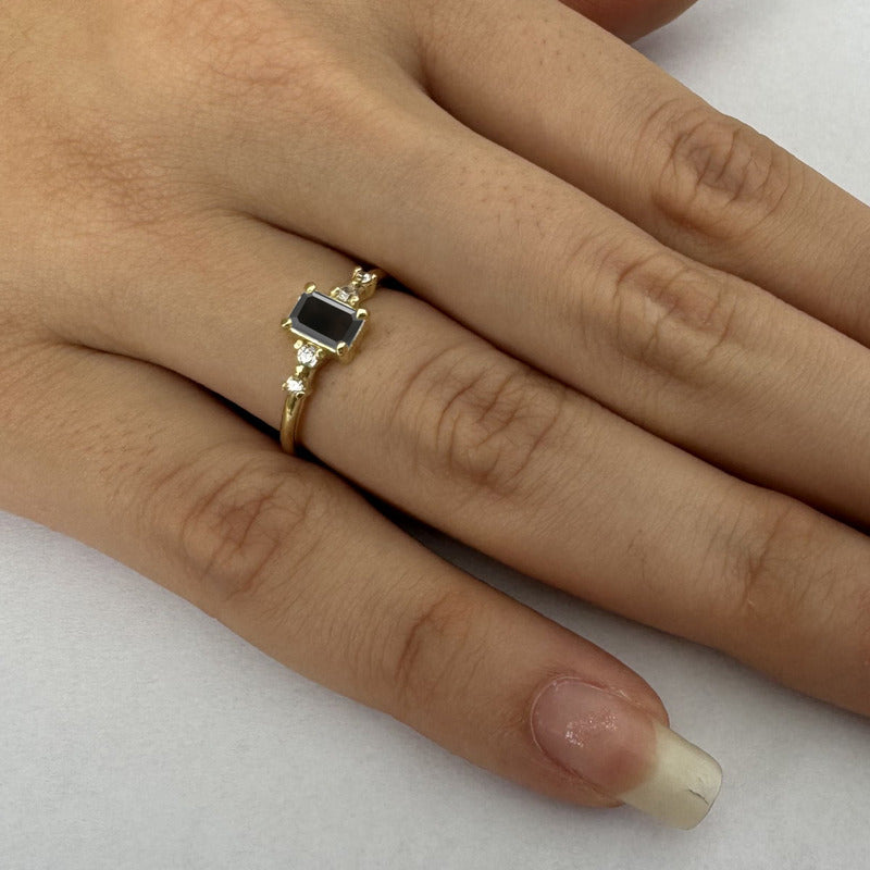 Anel Viena Retangular Prata 925 Dourada 18k - Onix