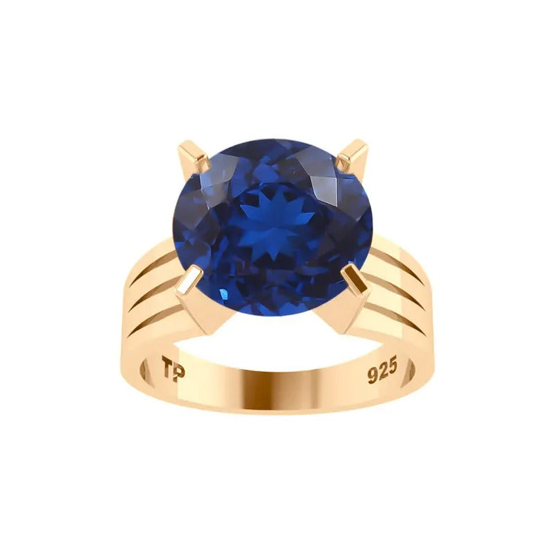 Anel Solitário Prata 925 Dourada 18k - Safira Grande