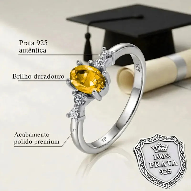 Anel Formatura Feminino Prata 925 + Caixinha Capelo Citrino 17