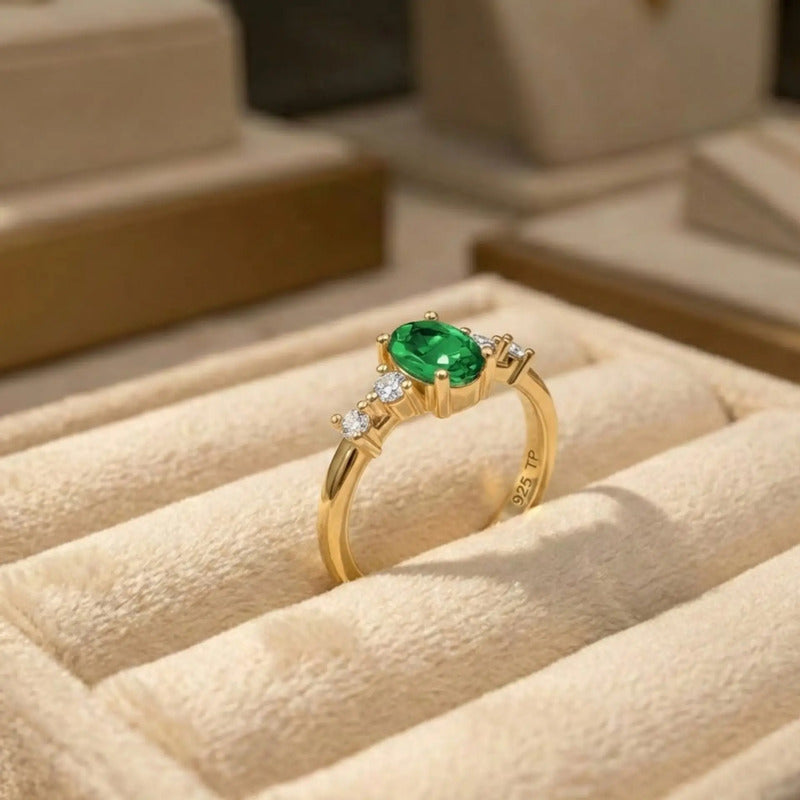 Anel London De Prata 925 Dourada  Ouro 18k - Esmeralda