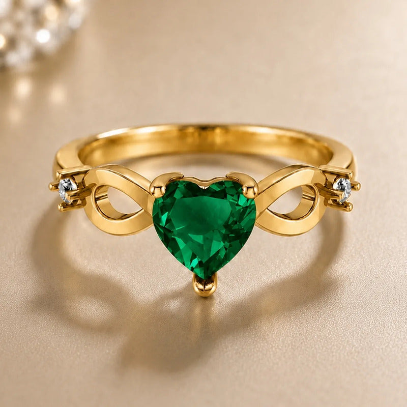 Anel Prata 925 Dourada 18k Infinito Amor Coração - Esmeralda