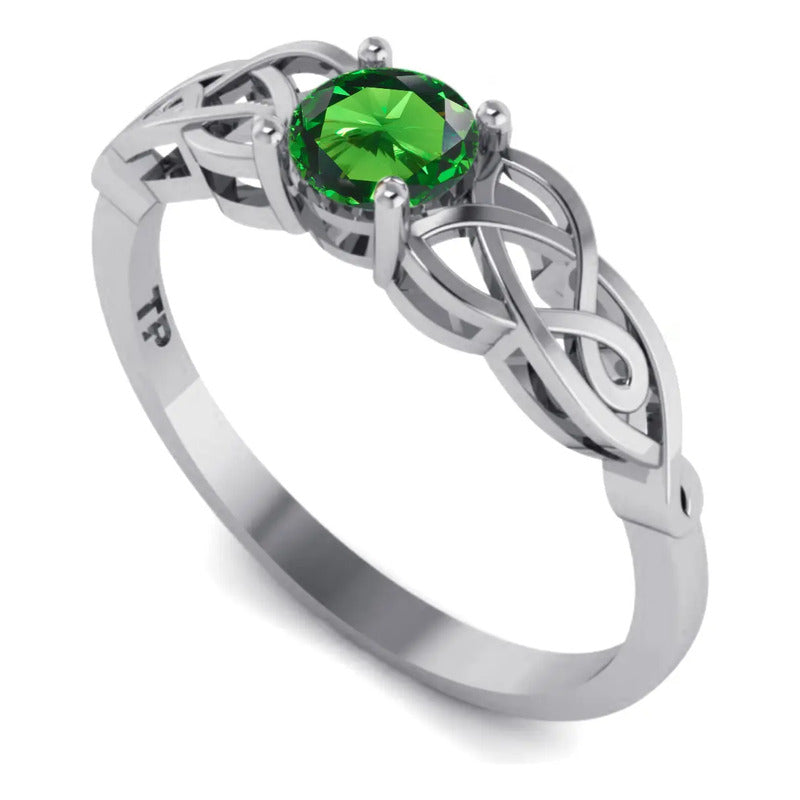 Anel Solitário Celta Knot Prata 925 Esmeralda - Exclusivo