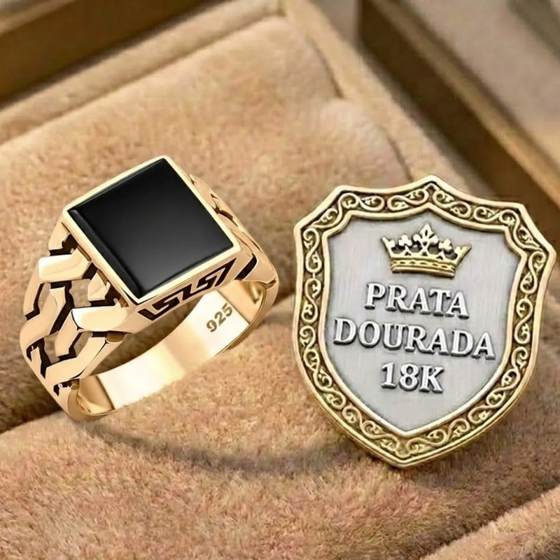 Anel Masculino Elos Prata 925 Dourada Ouro 18k - Black Onix