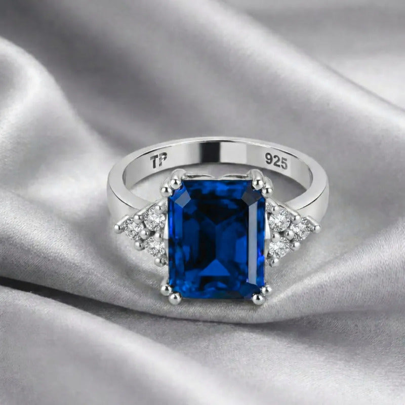 Anel Vintage Clássico Safira Azul Prata 925 - Feminino