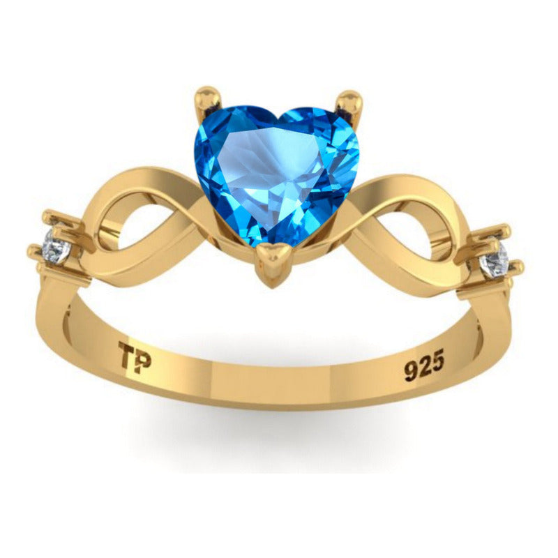 Anel Prata 925 Dourada 18k Infinito Amor Coração - Topázio