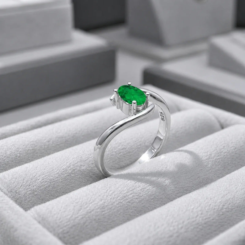 Anel  De Prata 925 Solitário Miami Esmeralda - Feminino